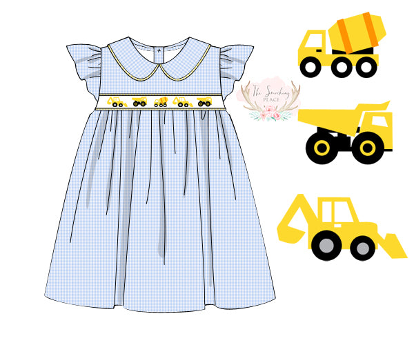 Construction Embroidered Blue Gingham Angel Wing Dress