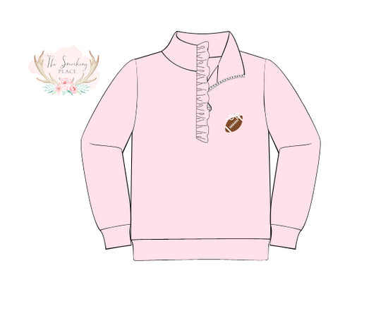Football Embroidered Pink Knit Ruffle Pullover