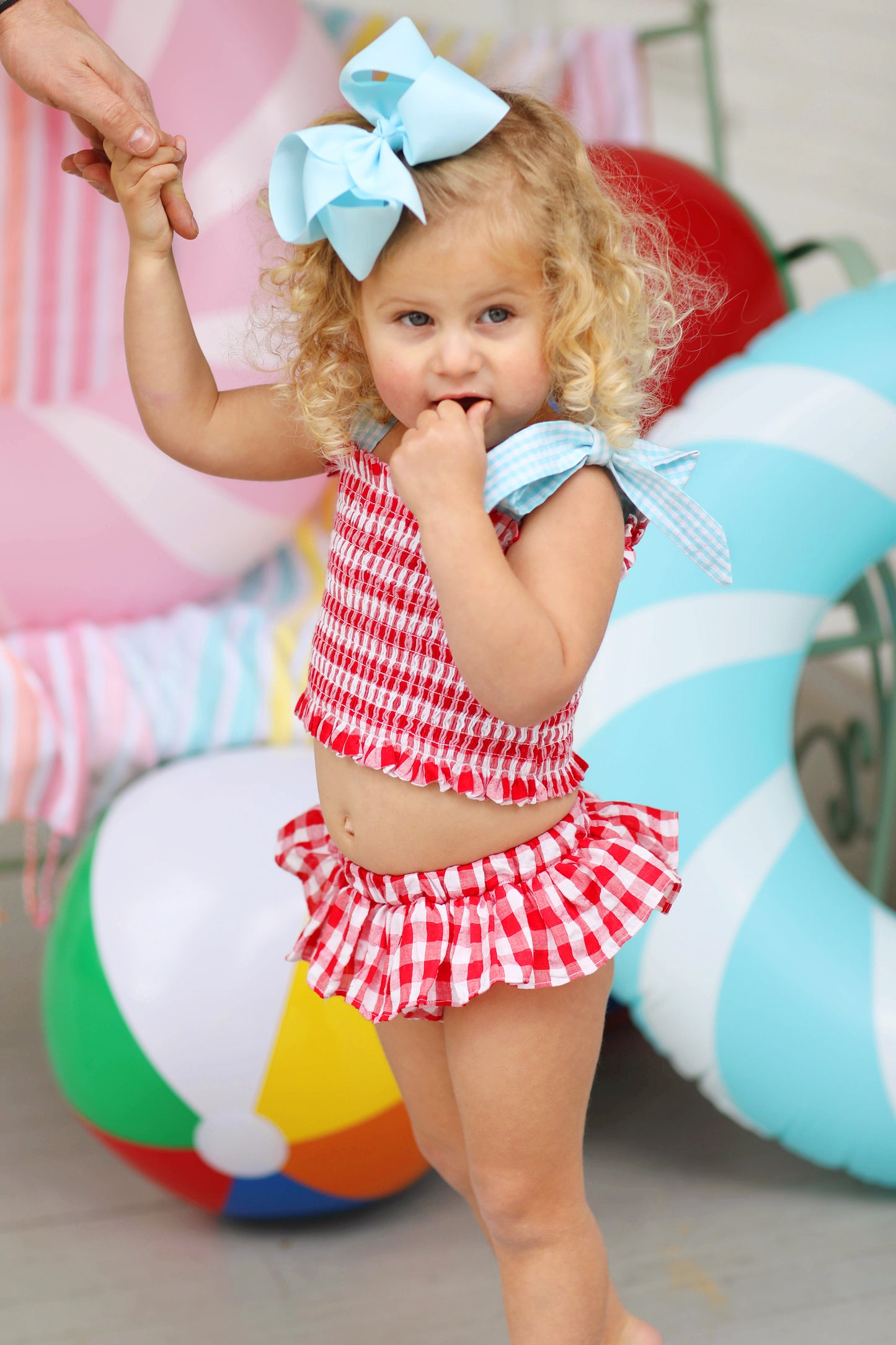 Red Gingham Seersucker Smocked Two Piece Ruffle Swimsuit