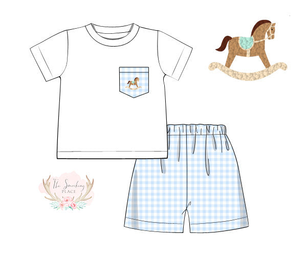 Rocking Horse French Knot Blue Gingham Knit Short Set