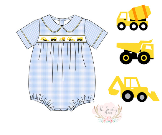 Construction Embroidered Blue Gingham Boy Bubble