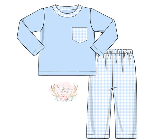 Blue Knit Check Pant Set