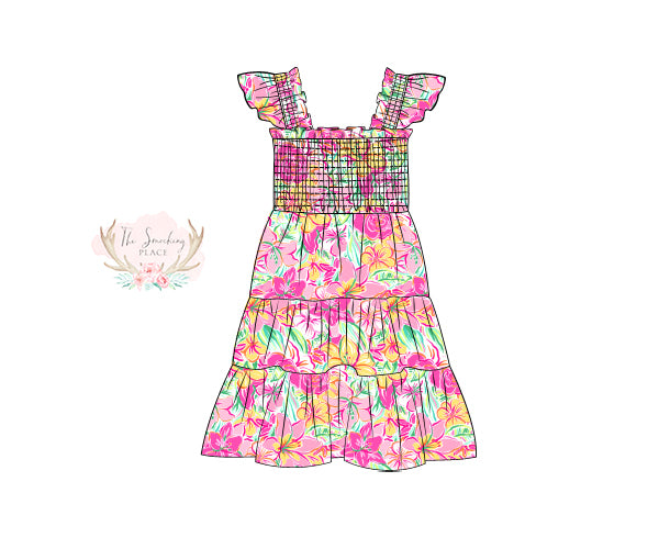 Pink Resort Floral Smocked Dress