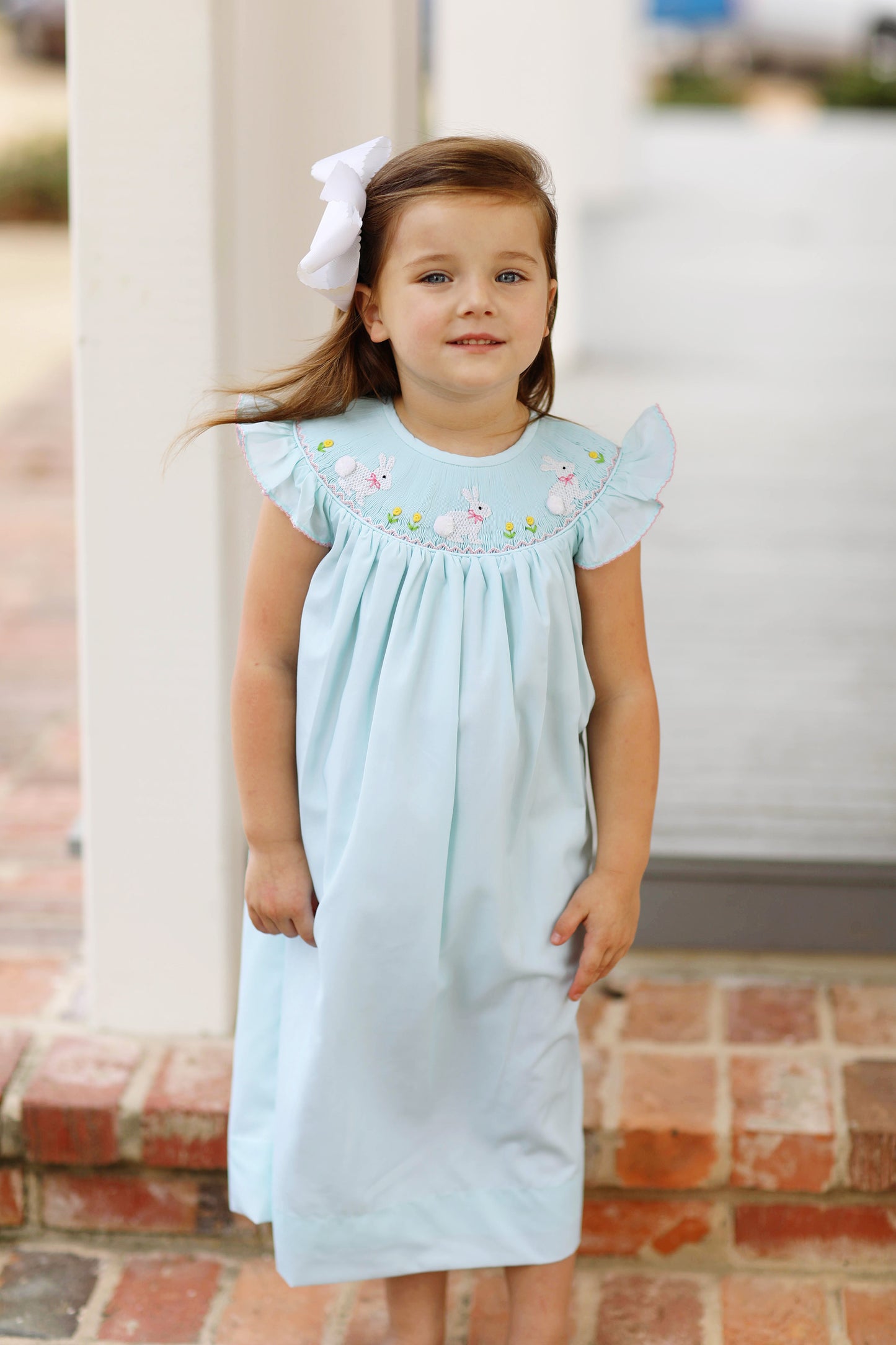 Bunny Smocked Seafoam Angel Wing Bishop Dress