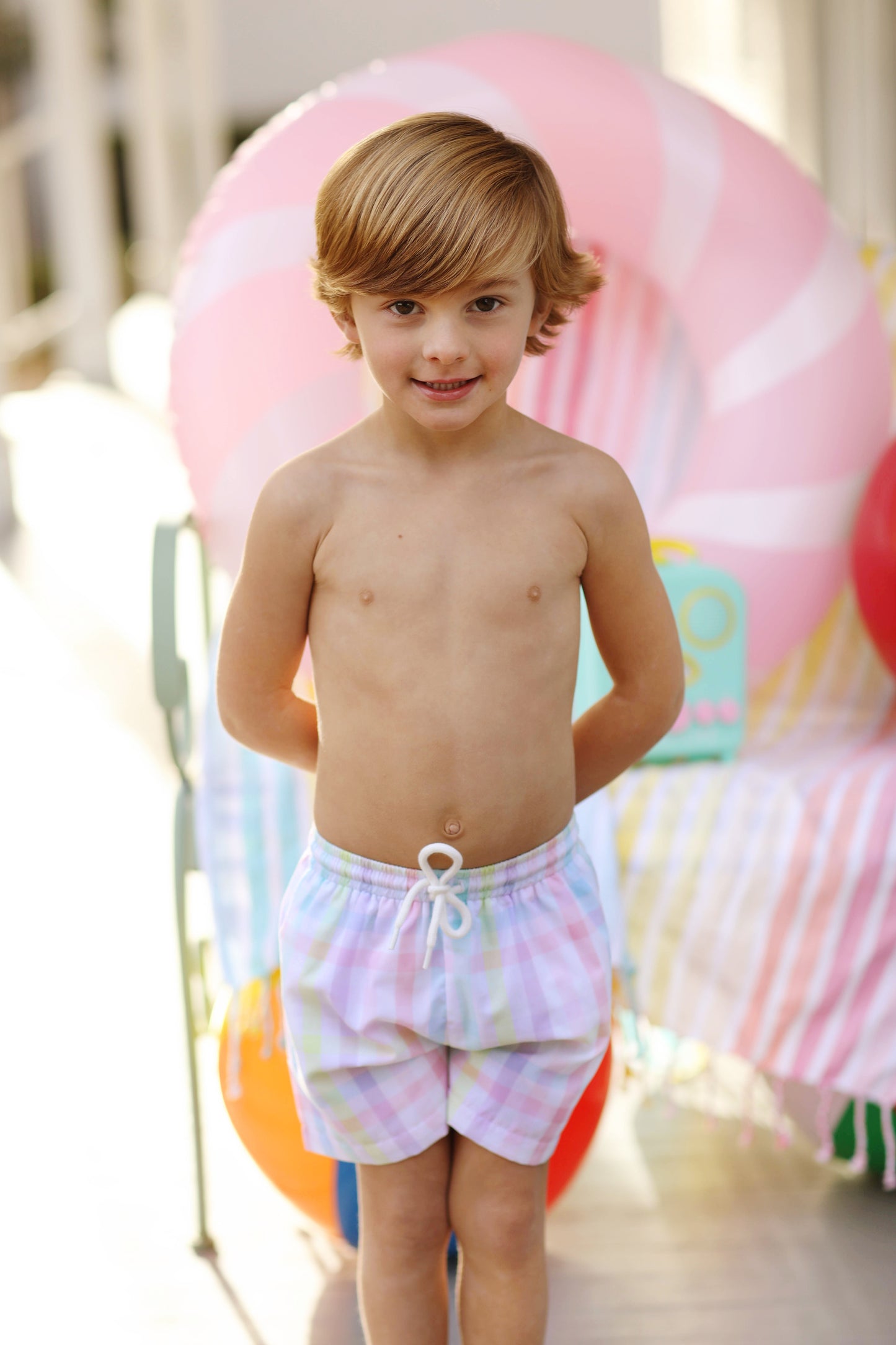 Pastel Plaid Boys Swim Trunks