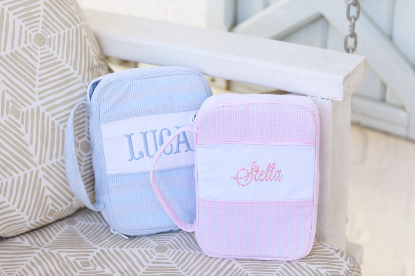 Light Blue Gingham Name Embroidered Bible Case