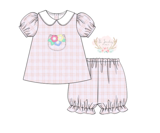 Flower Applique Pink Plaid Bubble Short Set