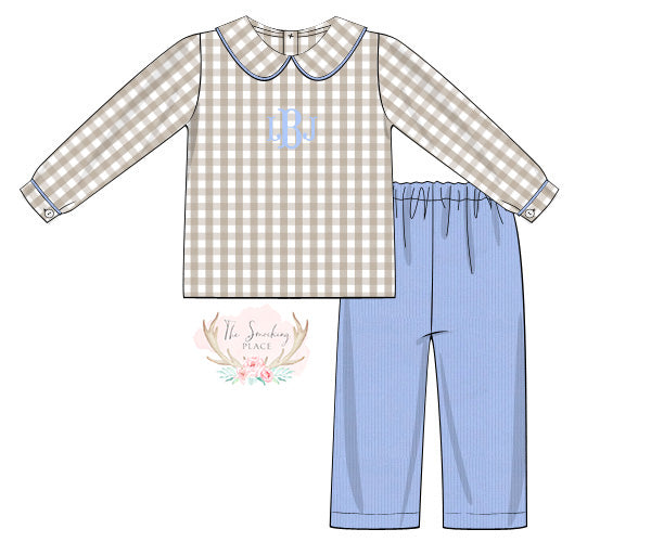 Khaki Gingham Blue Corduroy Collared Pant Set