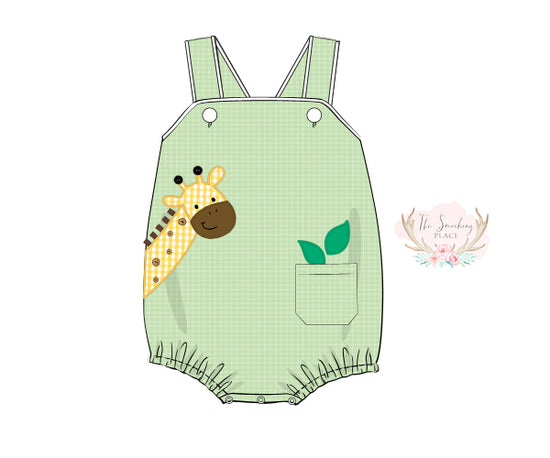 Giraffe Applique Sage Windowpane Sunsuit