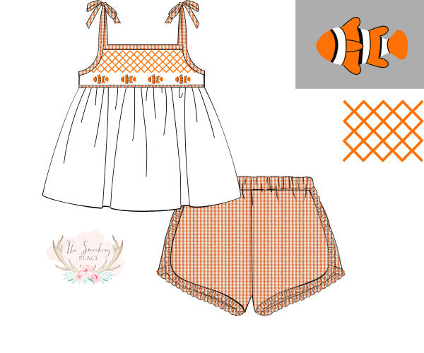 Clownfish Smocked Orange Gingham Tie Shoulder Ruffle Short Set