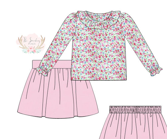 Floral Ruffle Pink Corduroy Skirt Set