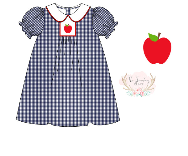 Apple Embroidered Navy Gingham Dress