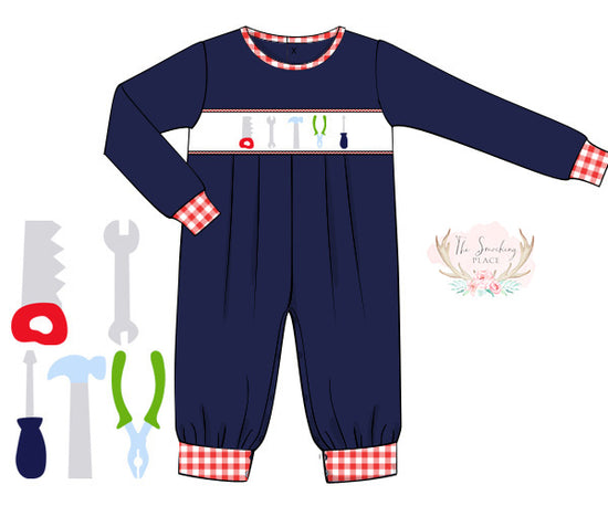 Tool Smocked Navy Knit Red Gingham Romper