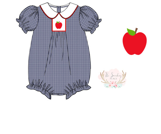Apple Embroidered Navy Gingham Girl Bubble