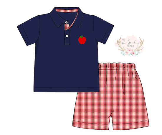 Apple Embroidered Red Gingham Collared Short Set