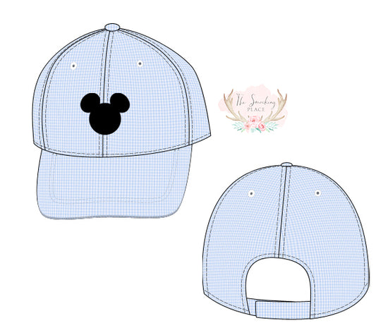 Mouse Embroidered Blue Gingham Hat