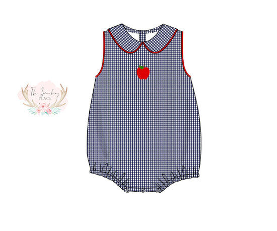 Apple Embroidered Navy Gingham Boy Bubble