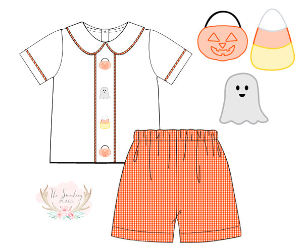 Halloween Shadow Embroidered Orange Gingham Short Set