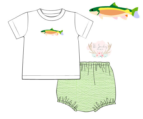 Rainbow Trout Embroidered Green Seersucker Diaper Set