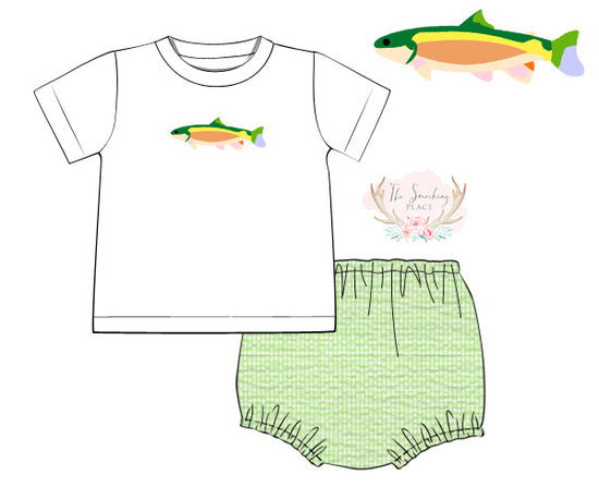 Rainbow Trout Embroidered Green Seersucker Diaper Set