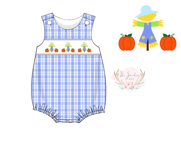 Load image into Gallery viewer, Scarecrow Smocked Blue Plaid Bubble
