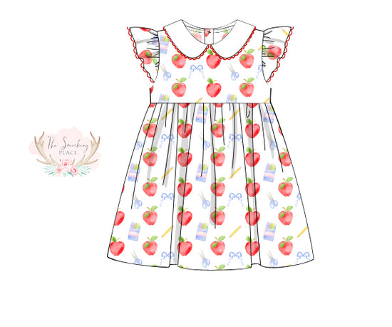 Apple Bow Print Red Picot Trim Collared Dress