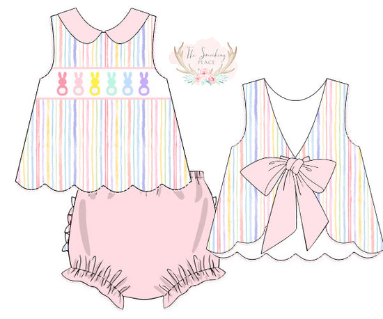 Rainbow Bunnies Smocked Watercolor Rainbow Stripe Bow Bloomer Set