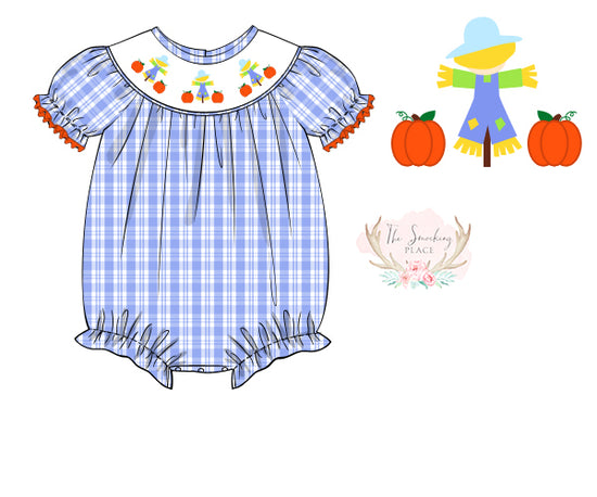 Load image into Gallery viewer, Scarecrow Smocked Blue Plaid Bishop Ruffle Bubble
