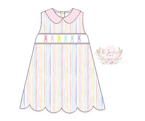 Rainbow Bunnies Smocked Watercolor Rainbow Stripe Scalloped Dress