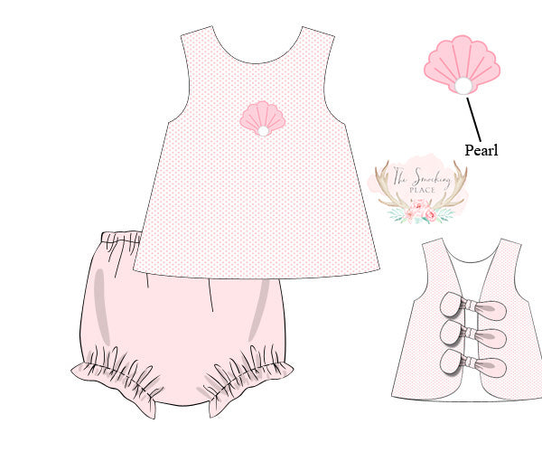 Seashell Pearl Embroidered Pink Bitty Dot Knit Ruffle Bloomer Set