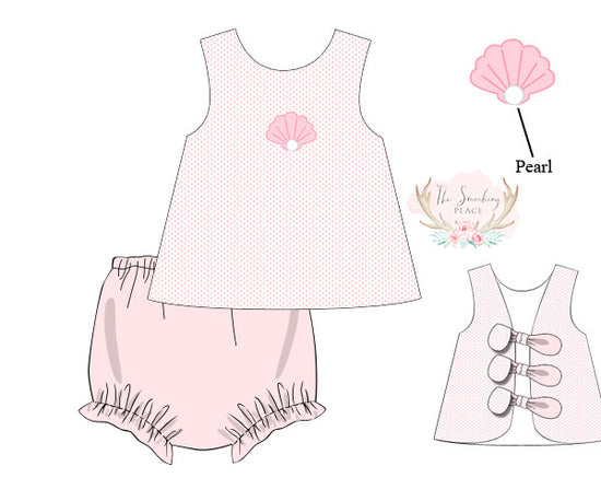 Seashell Pearl Embroidered Pink Bitty Dot Knit Ruffle Bloomer Set