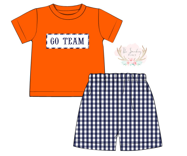 Navy Gingham Orange Custom Smocked Boy Short Set