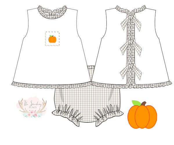 Pumpkin Smocked Khaki Windowpane Tie Back Ruffle Bloomer Set