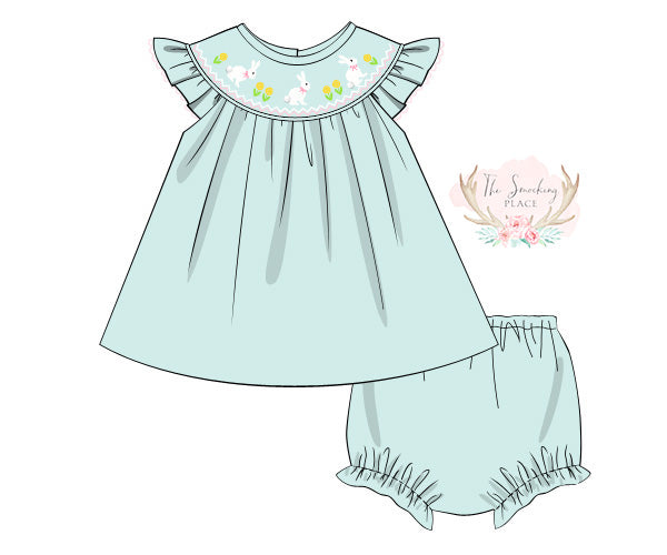 Bunny Smocked Seafoam Angel Wing Diaper Set