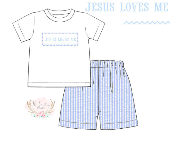 Jesus Loves Me Smocked Blue Seersucker Short Set