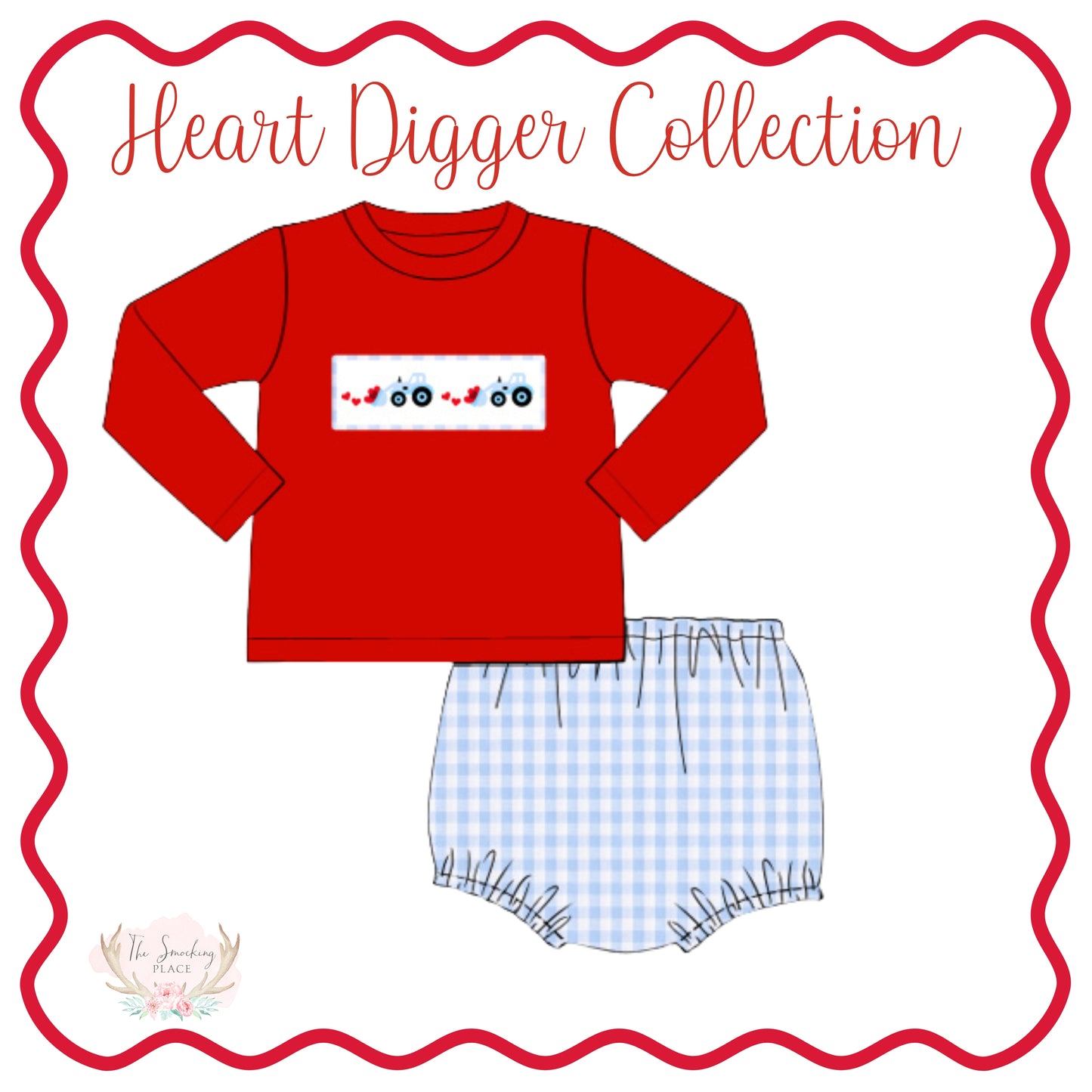 Heart Digger Smocked Blue Gingham Diaper Set