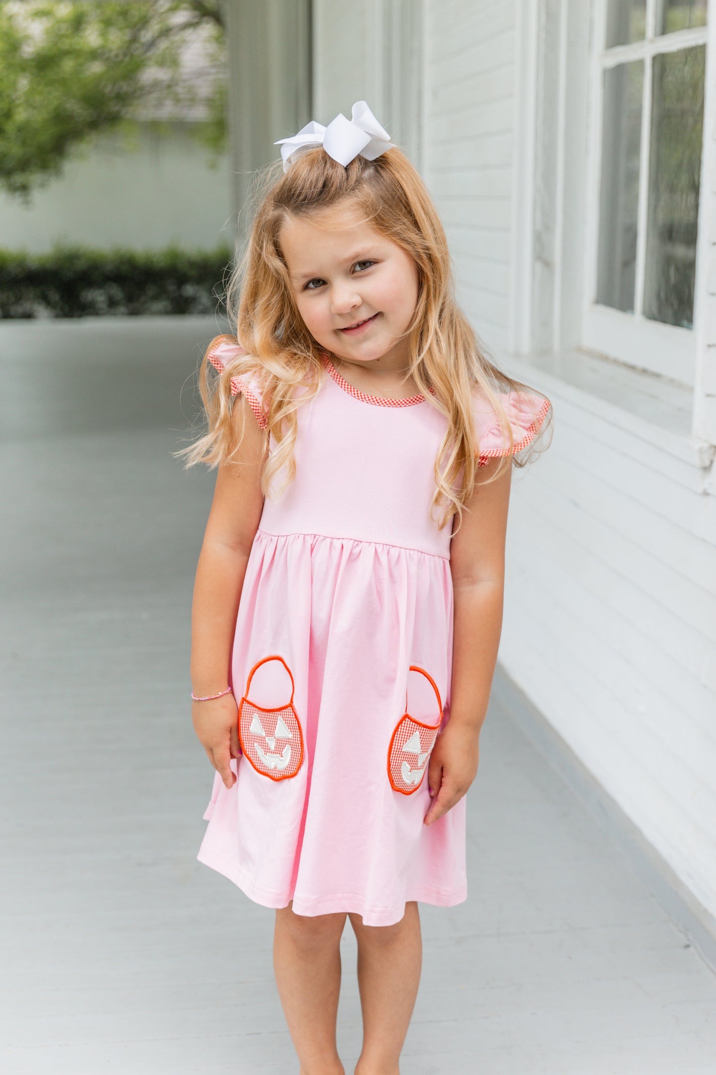 Halloween Bucket Appliqué Pink Knit Angel Wing Dress