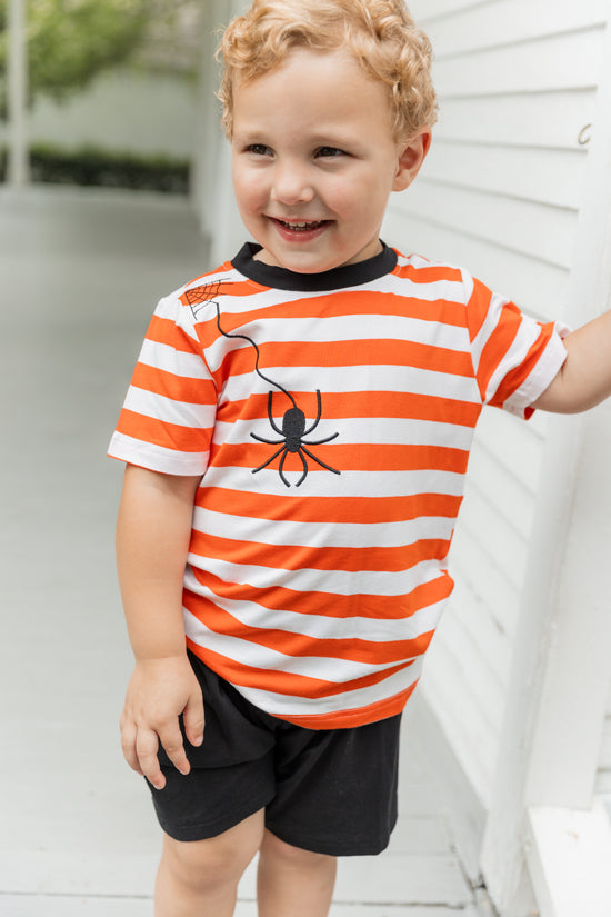 Spider Web Appliqué Orange Stripe Knit Short Set