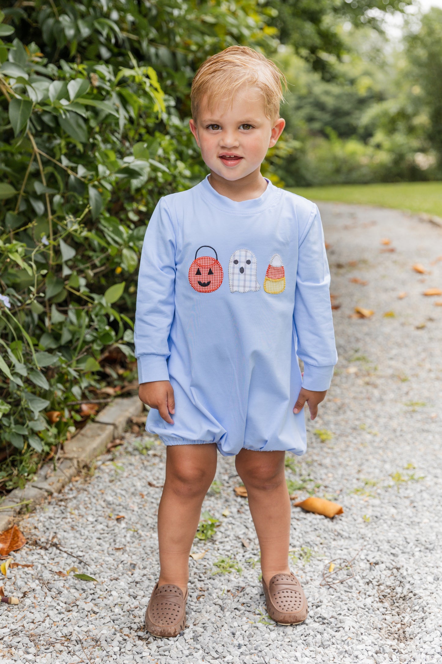 Halloween Appliqué Blue Knit Long Sleeve Bubble