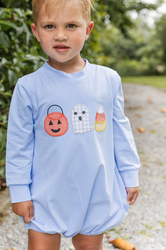 Halloween Appliqué Blue Knit Long Sleeve Bubble