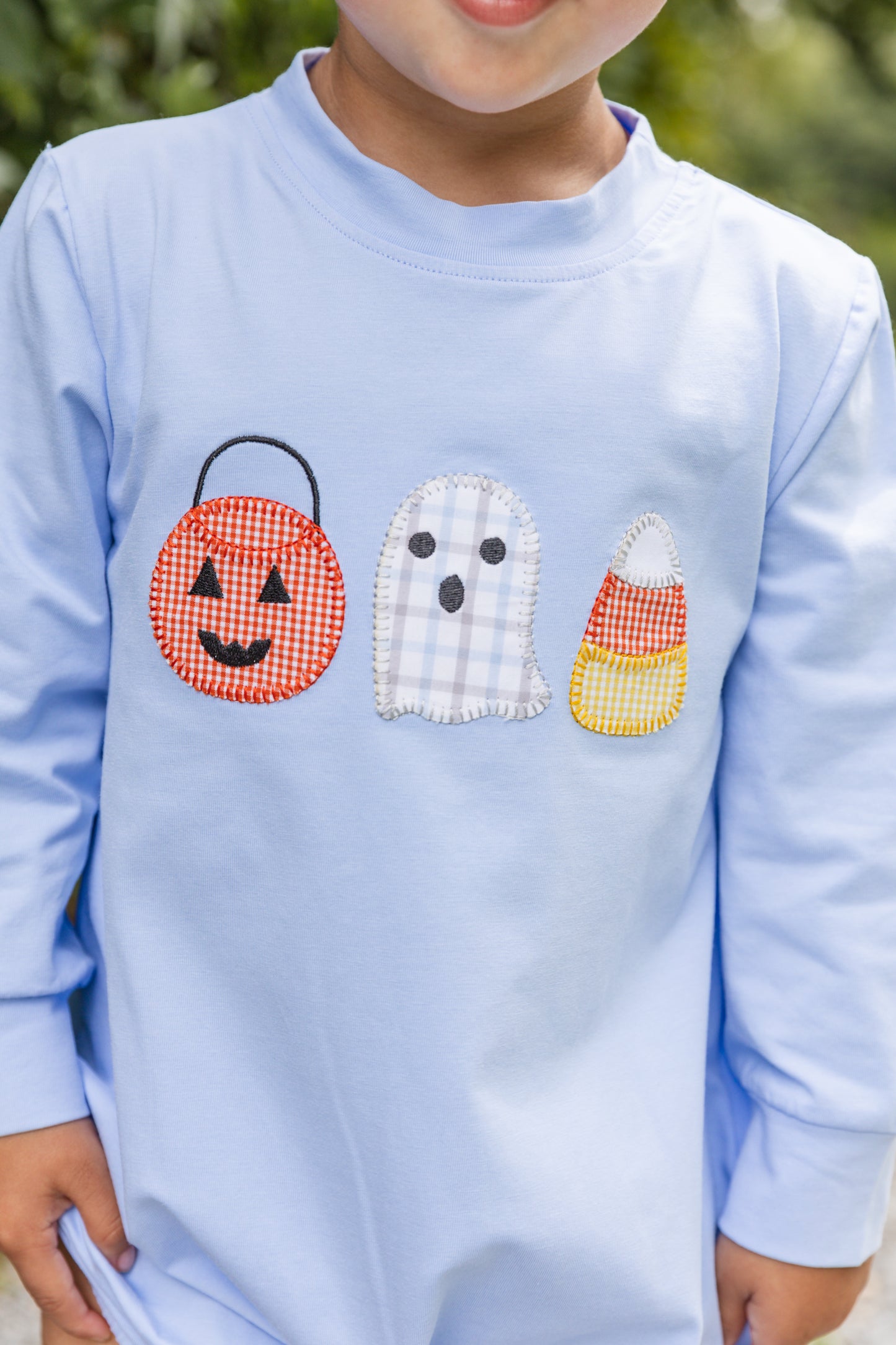 Halloween Appliqué Blue Knit Long Sleeve Bubble