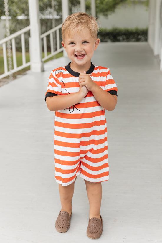 Spider Web Appliqué Orange Stripe Knit Romper