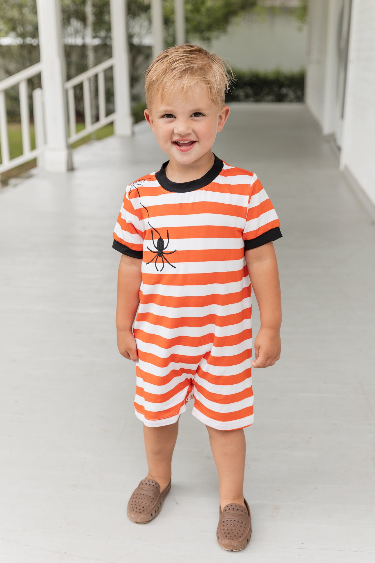 Spider Web Appliqué Orange Stripe Knit Romper