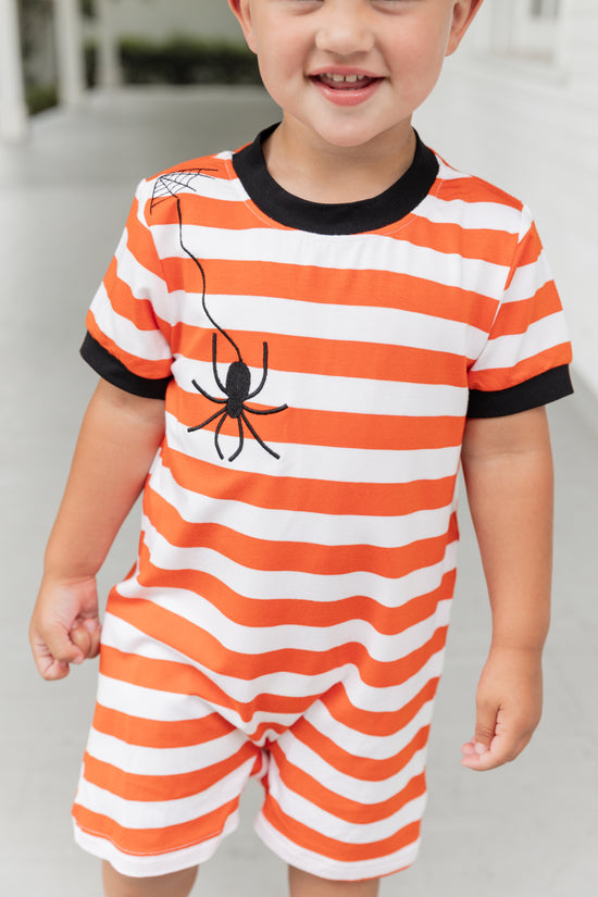 Spider Web Appliqué Orange Stripe Knit Romper