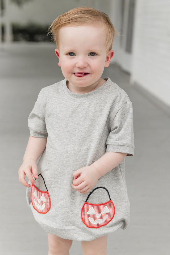 Halloween Bucket Appliqué Gray Knit Bubble