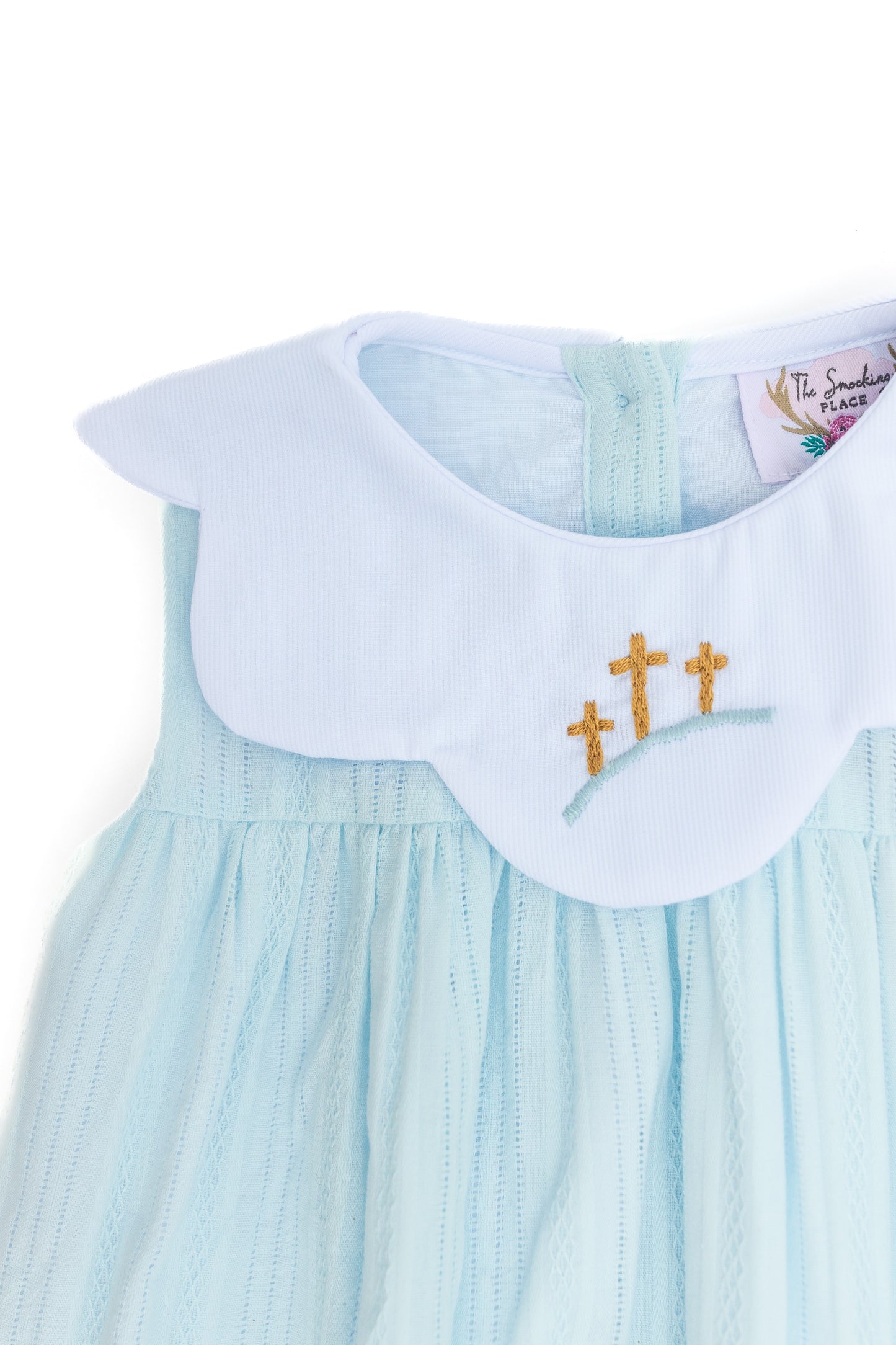 Calvary Cross Embroidered Blue Linen Scalloped Bubble