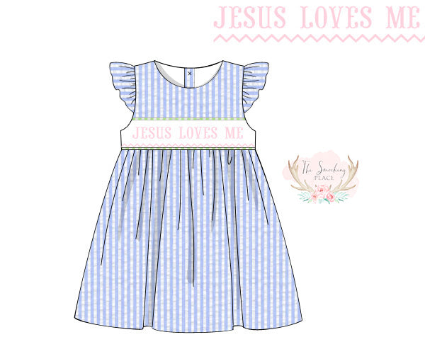 Jesus Loves Me Smocked Blue Seersucker Angel Wing Dress