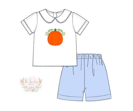 Load image into Gallery viewer, Pumpkin Applique Blue Collared Short Set
