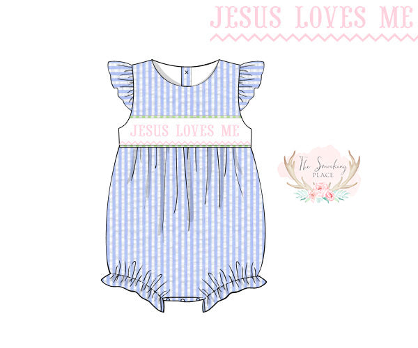 Jesus Loves Me Smocked Blue Seersucker Angel Wing Bubble