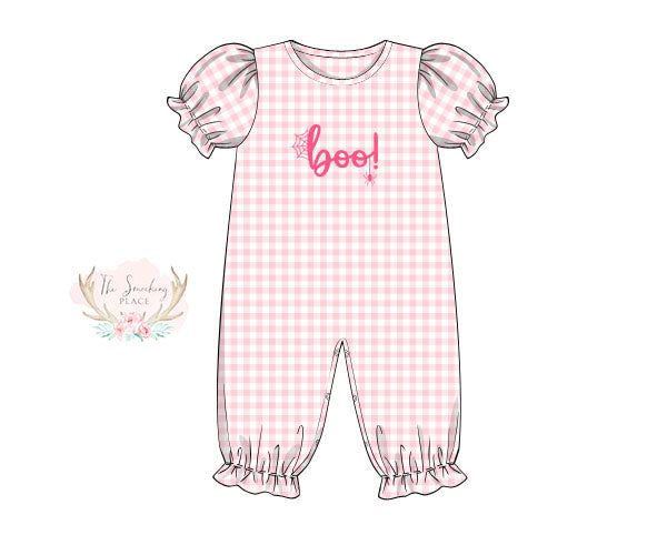 Load image into Gallery viewer, Boo! Applique Pink Gingham Romper
